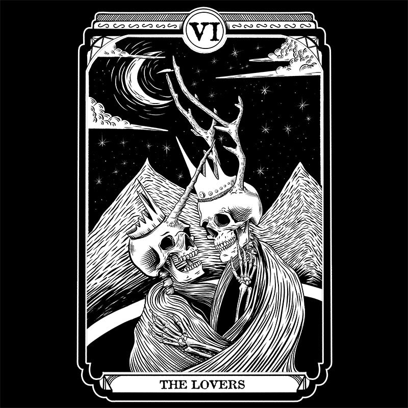 Black Tshirt with the Lovers Tarot card graphic on the front.