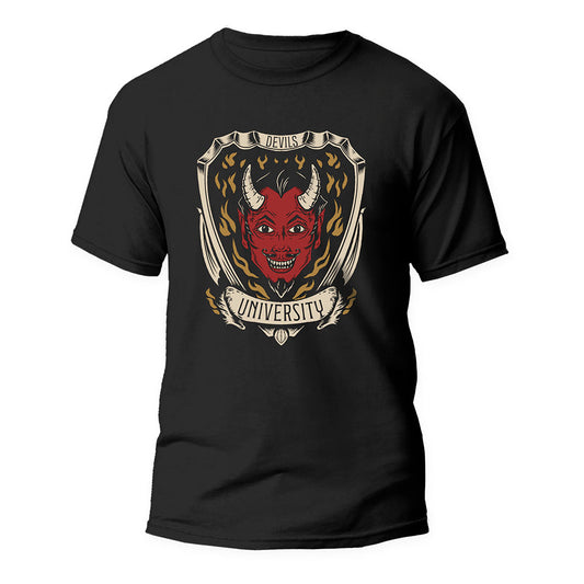 Black Tshirt with Devils University graphic on the front. 