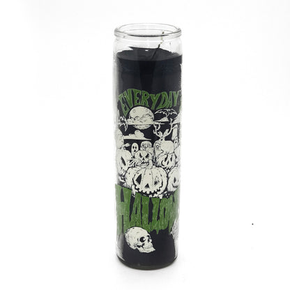Black Candle in glass container with Everyday is Halloween artwork