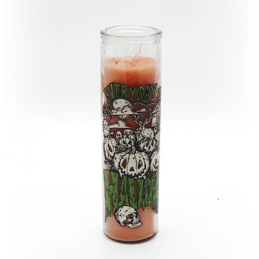 Orange Candle in glass container with Everyday is Halloween Artwork