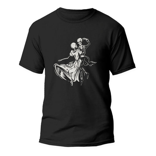 Black Tshirt with dancing skeletons graphic on the front.
