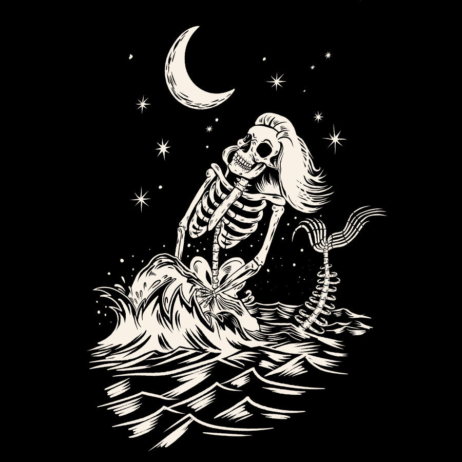 Black Tshirt with a Mermaid Skeleton graphic on the front.