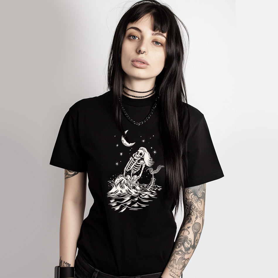 Black Tshirt with a Mermaid Skeleton graphic on the front.