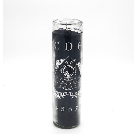 Black Candle in glass container with Ouija Board artwork